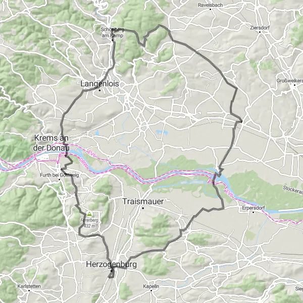 Karttaminiaatyyri "Viinitarhojen kiehtova kierros Furth bei Göttweigin kylässä" pyöräilyinspiraatiosta alueella Niederösterreich, Austria. Luotu Tarmacs.app pyöräilyreittisuunnittelijalla