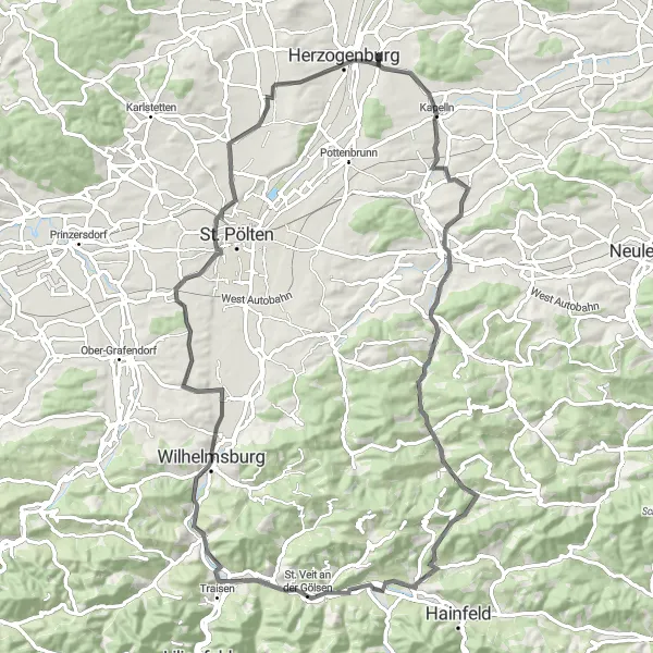 Map miniature of "Kapelln - Böheimkirchen - Hummelberg - Rohrbach an der Gölsen - Himberg - Traisen - Halterberg - Nadelbach - Flederhaus - Herzogenburg Route" cycling inspiration in Niederösterreich, Austria. Generated by Tarmacs.app cycling route planner