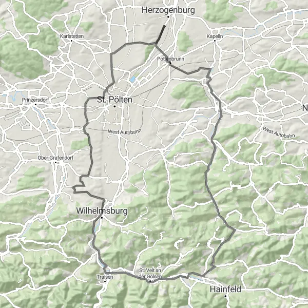 Map miniature of "Böheimkirchen - Rohrbach an der Gölsen - Himberg - Traisen - Halterberg - Rennersdorf - Flederhaus - Angern Route" cycling inspiration in Niederösterreich, Austria. Generated by Tarmacs.app cycling route planner