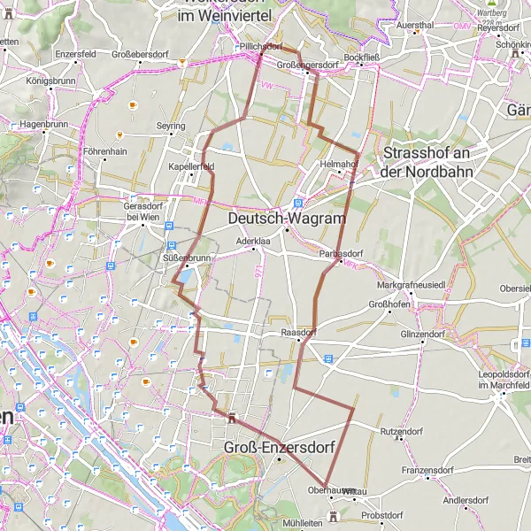 Miniatua del mapa de inspiración ciclista "Ruta de Grava Parbasdorf - Groß-Enzersdorf - Breitenlee" en Niederösterreich, Austria. Generado por Tarmacs.app planificador de rutas ciclistas