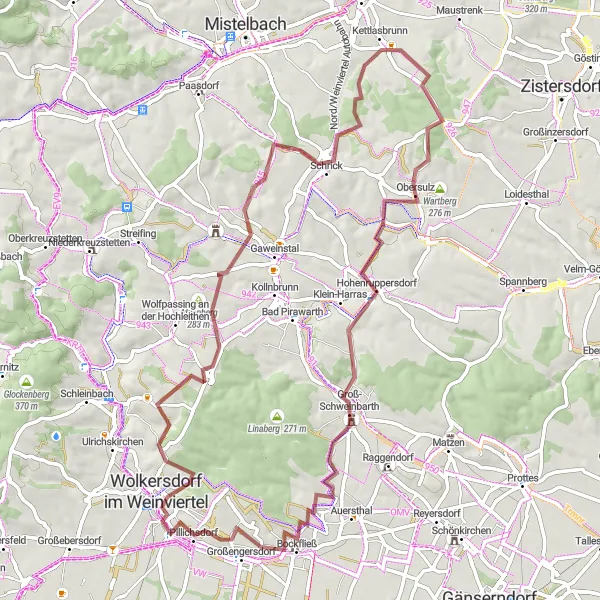 Map miniature of "Weinviertel Gravel Challenge" cycling inspiration in Niederösterreich, Austria. Generated by Tarmacs.app cycling route planner