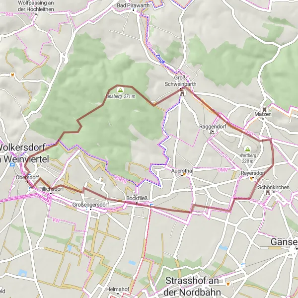 Kartminiatyr av "Grusvägar till Bockfließ" cykelinspiration i Niederösterreich, Austria. Genererad av Tarmacs.app cykelruttplanerare