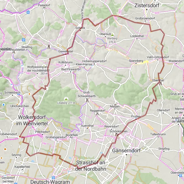 Miniatua del mapa de inspiración ciclista "Ruta de Grava a través de Weinviertel" en Niederösterreich, Austria. Generado por Tarmacs.app planificador de rutas ciclistas