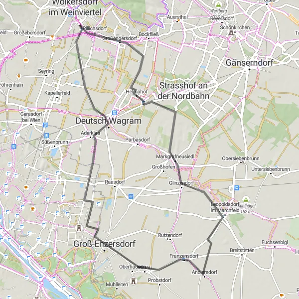 Map miniature of "The Pillichsdorf Loop" cycling inspiration in Niederösterreich, Austria. Generated by Tarmacs.app cycling route planner