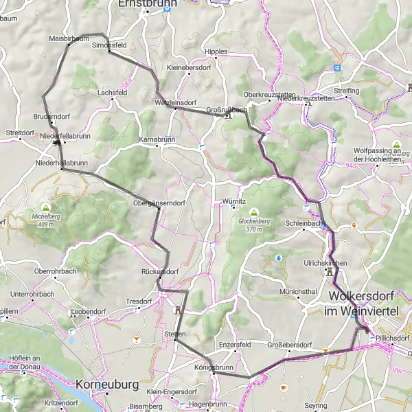 Miniaturní mapa "Cyklistická trasa Road z Obersdorfu" inspirace pro cyklisty v oblasti Niederösterreich, Austria. Vytvořeno pomocí plánovače tras Tarmacs.app