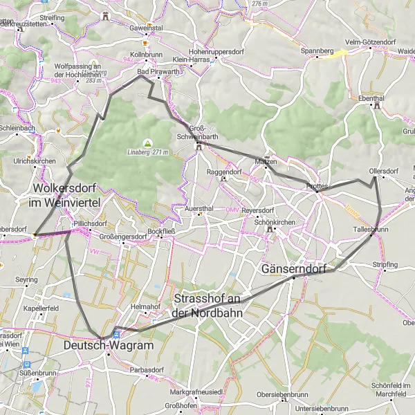 Miniatura della mappa di ispirazione al ciclismo "Giro in bicicletta verso il Weinviertel" nella regione di Niederösterreich, Austria. Generata da Tarmacs.app, pianificatore di rotte ciclistiche