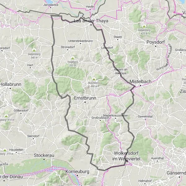 Miniature de la carte de l'inspiration cycliste "La boucle épique de Thaya" dans la Niederösterreich, Austria. Générée par le planificateur d'itinéraire cycliste Tarmacs.app