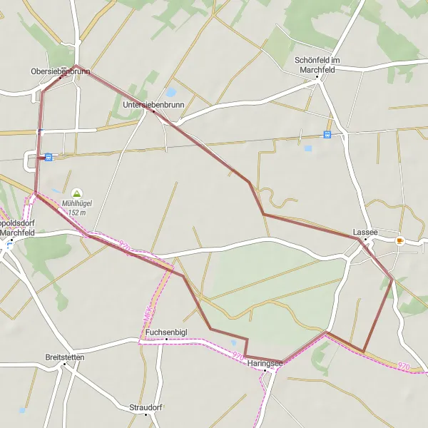 Miniatua del mapa de inspiración ciclista "Ruta de senderos cerca de Obersiebenbrunn" en Niederösterreich, Austria. Generado por Tarmacs.app planificador de rutas ciclistas