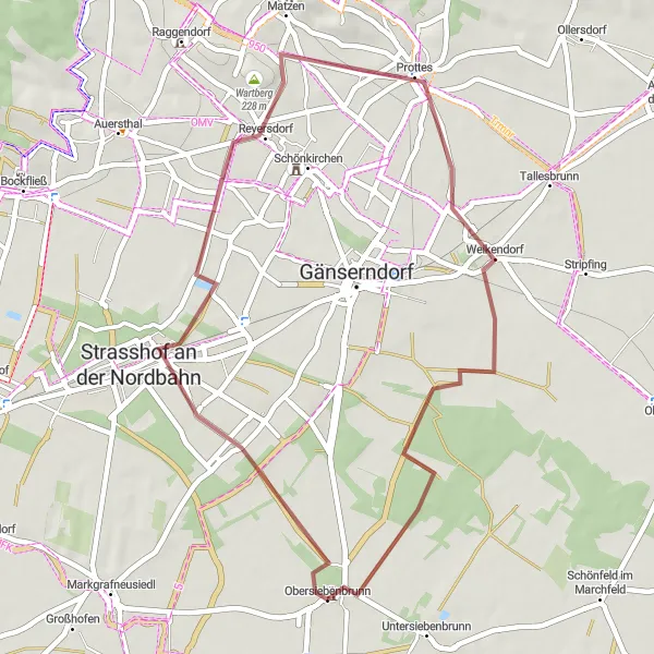 Miniatura mapy "40 km gravel z Obersiebenbrunn" - trasy rowerowej w Niederösterreich, Austria. Wygenerowane przez planer tras rowerowych Tarmacs.app