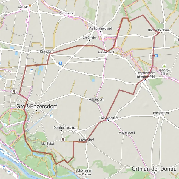 Miniatura mapy "Trasa Gravel w okolicach Obersiebenbrunn" - trasy rowerowej w Niederösterreich, Austria. Wygenerowane przez planer tras rowerowych Tarmacs.app