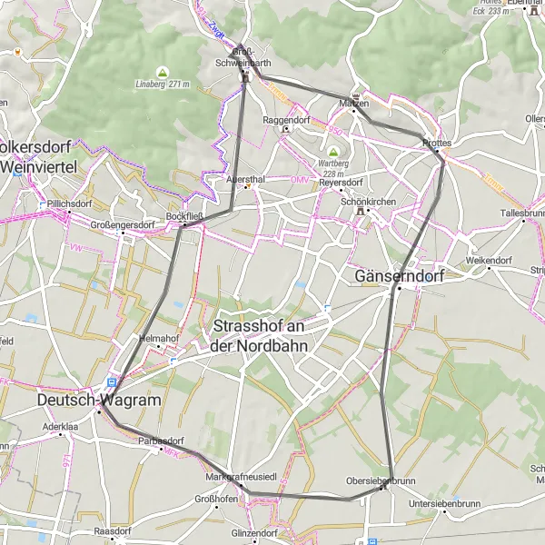 Miniatua del mapa de inspiración ciclista "Recorrido en carretera hacia Schloss Obersiebenbrunn" en Niederösterreich, Austria. Generado por Tarmacs.app planificador de rutas ciclistas