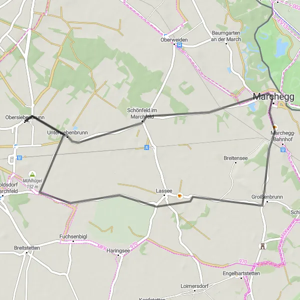 Miniatua del mapa de inspiración ciclista "Excursión Rural a Lassee" en Niederösterreich, Austria. Generado por Tarmacs.app planificador de rutas ciclistas