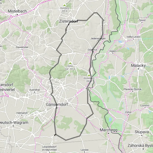 Miniatuurkaart van de fietsinspiratie "Ontdek Gänserndorf en Jedenspeigen per fiets" in Niederösterreich, Austria. Gemaakt door de Tarmacs.app fietsrouteplanner