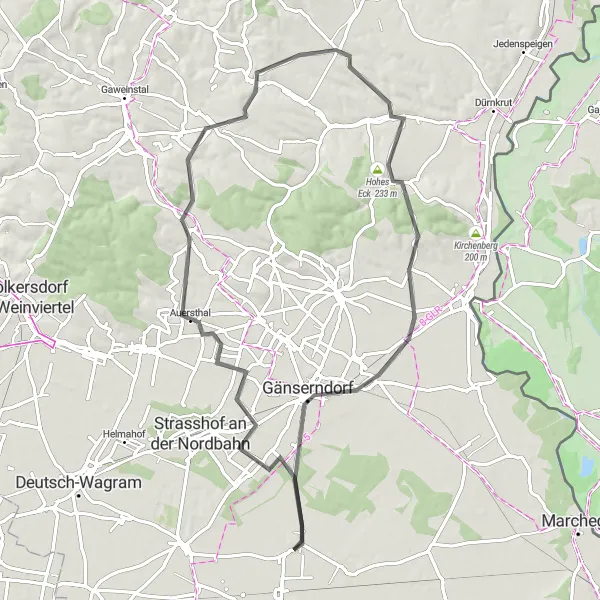 Miniatua del mapa de inspiración ciclista "Ruta Escénica a Weikendorf" en Niederösterreich, Austria. Generado por Tarmacs.app planificador de rutas ciclistas