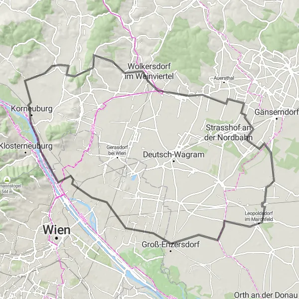 Miniature de la carte de l'inspiration cycliste "Les Trésors du Weinviertel" dans la Niederösterreich, Austria. Générée par le planificateur d'itinéraire cycliste Tarmacs.app