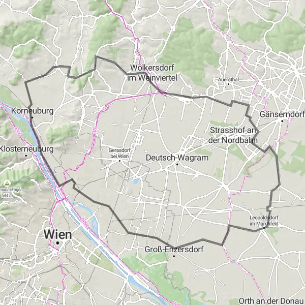 Karten-Miniaturansicht der Radinspiration "Rund um Obersiebenbrunn" in Niederösterreich, Austria. Erstellt vom Tarmacs.app-Routenplaner für Radtouren