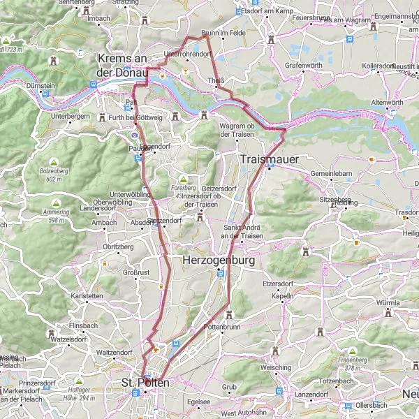 Miniaturní mapa "Gravel Route: Flederhaus to St. Pölten Exploration" inspirace pro cyklisty v oblasti Niederösterreich, Austria. Vytvořeno pomocí plánovače tras Tarmacs.app