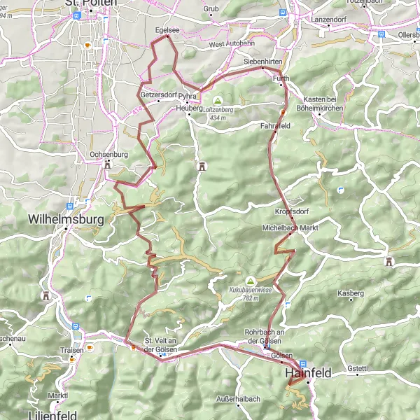 Mapa miniatúra "Gravelová trasa cez Hummelberg a Schnabling" cyklistická inšpirácia v Niederösterreich, Austria. Vygenerované cyklistickým plánovačom trás Tarmacs.app