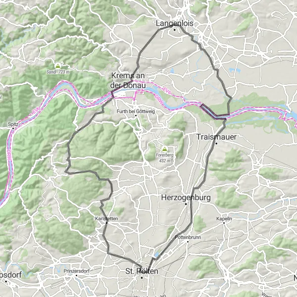 Miniatura della mappa di ispirazione al ciclismo "Tour ciclistico attraverso Niederösterreich" nella regione di Niederösterreich, Austria. Generata da Tarmacs.app, pianificatore di rotte ciclistiche