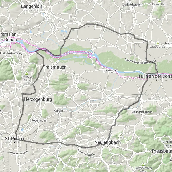 Miniatura della mappa di ispirazione al ciclismo "Avventura ciclistica attraverso le colline" nella regione di Niederösterreich, Austria. Generata da Tarmacs.app, pianificatore di rotte ciclistiche