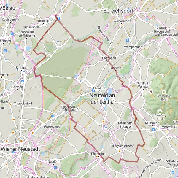 Miniatua del mapa de inspiración ciclista "Ruta de ciclismo de grava a Platanen" en Niederösterreich, Austria. Generado por Tarmacs.app planificador de rutas ciclistas