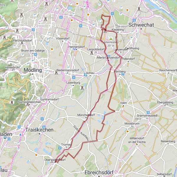 Miniaturní mapa "Gravelová cyklotrasa Münchendorf - Neuhofsee I" inspirace pro cyklisty v oblasti Niederösterreich, Austria. Vytvořeno pomocí plánovače tras Tarmacs.app
