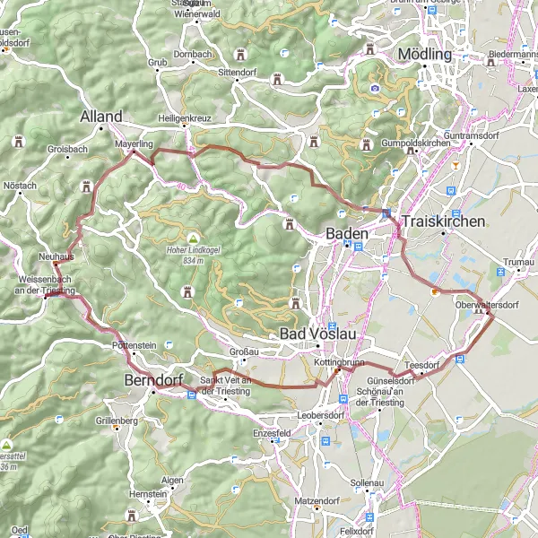 Miniatura della mappa di ispirazione al ciclismo "Rotta in Gravel tra Kottingbrunn e Schloß Oberwaltersdorf" nella regione di Niederösterreich, Austria. Generata da Tarmacs.app, pianificatore di rotte ciclistiche