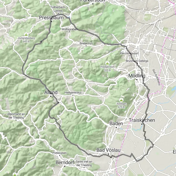 Miniature de la carte de l'inspiration cycliste "Boucle en vélo de route autour d'Oberwaltersdorf" dans la Niederösterreich, Austria. Générée par le planificateur d'itinéraire cycliste Tarmacs.app