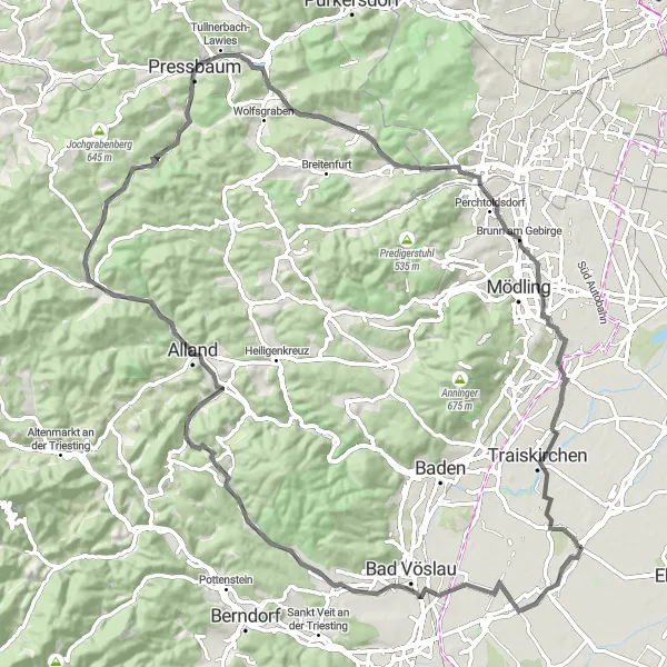 Miniaturekort af cykelinspirationen "Historisk rute fra Oberwaltersdorf" i Niederösterreich, Austria. Genereret af Tarmacs.app cykelruteplanlægger