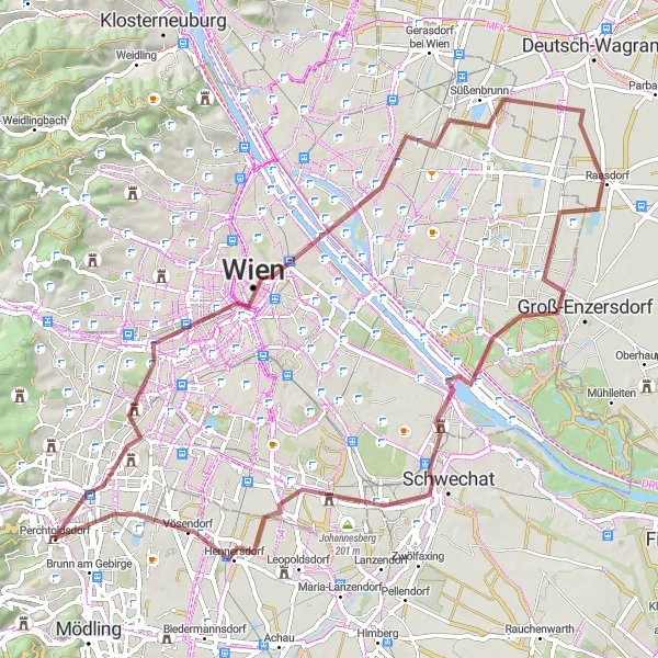 Map miniature of "Vienna - Raasdorf Roundtrip" cycling inspiration in Niederösterreich, Austria. Generated by Tarmacs.app cycling route planner