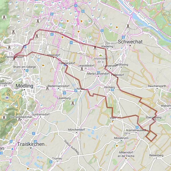 Map miniature of "Gravel Expedition: Perchtoldsdorf Loop" cycling inspiration in Niederösterreich, Austria. Generated by Tarmacs.app cycling route planner