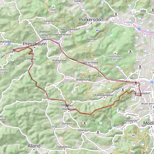 Miniaturní mapa "Pohledný okruh po štěrkových cestách nedaleko Perchtoldsdorfu" inspirace pro cyklisty v oblasti Niederösterreich, Austria. Vytvořeno pomocí plánovače tras Tarmacs.app