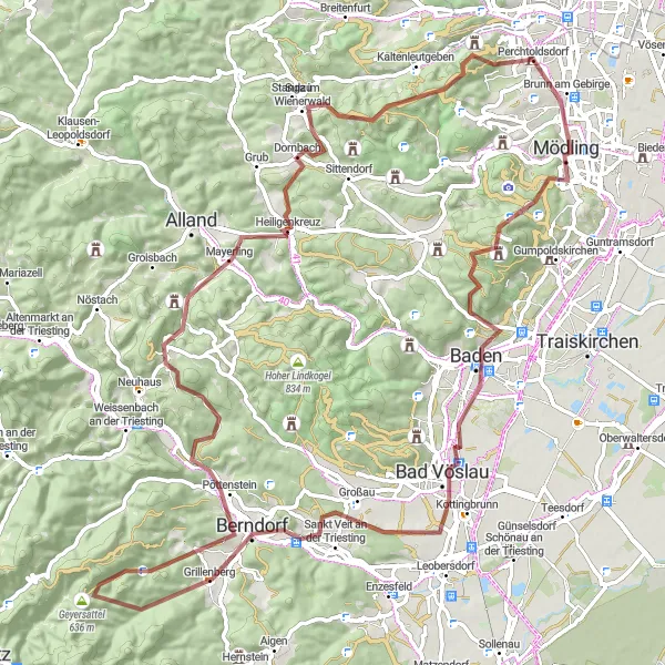 Miniature de la carte de l'inspiration cycliste "Les Chemins Secrets du Wienerwald" dans la Niederösterreich, Austria. Générée par le planificateur d'itinéraire cycliste Tarmacs.app