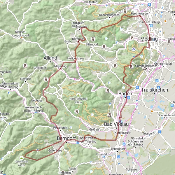 Mapa miniatúra "Gravelová výzva cez Anninger a Mayerling" cyklistická inšpirácia v Niederösterreich, Austria. Vygenerované cyklistickým plánovačom trás Tarmacs.app