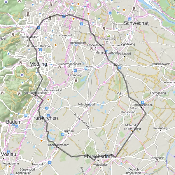 Map miniature of "Scenic Road Loop from Perchtoldsdorf" cycling inspiration in Niederösterreich, Austria. Generated by Tarmacs.app cycling route planner