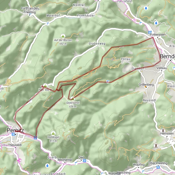 Kartminiatyr av "Grusvägscykling genom naturliga skatter nära Pernitz" cykelinspiration i Niederösterreich, Austria. Genererad av Tarmacs.app cykelruttplanerare