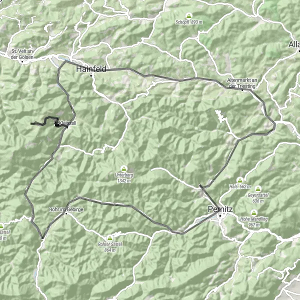Miniature de la carte de l'inspiration cycliste "Aventure à travers les routes de Triesting et Muggendorf" dans la Niederösterreich, Austria. Générée par le planificateur d'itinéraire cycliste Tarmacs.app