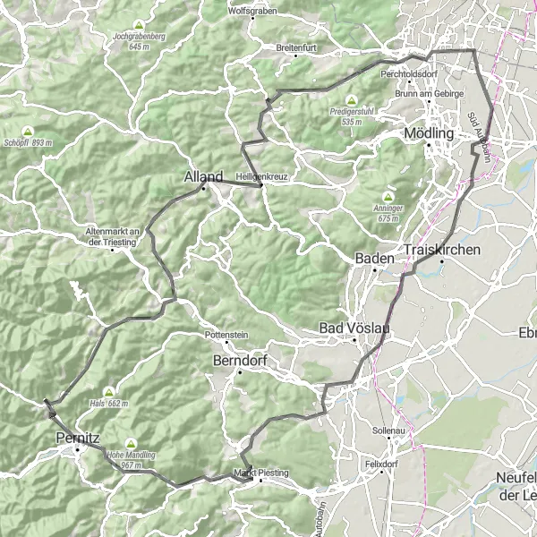 Map miniature of "The Triesting Valley Loop" cycling inspiration in Niederösterreich, Austria. Generated by Tarmacs.app cycling route planner