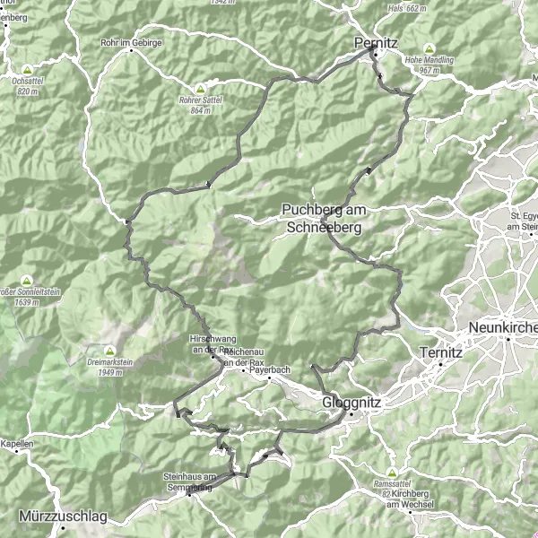 Map miniature of "The Semmering Railway Loop" cycling inspiration in Niederösterreich, Austria. Generated by Tarmacs.app cycling route planner