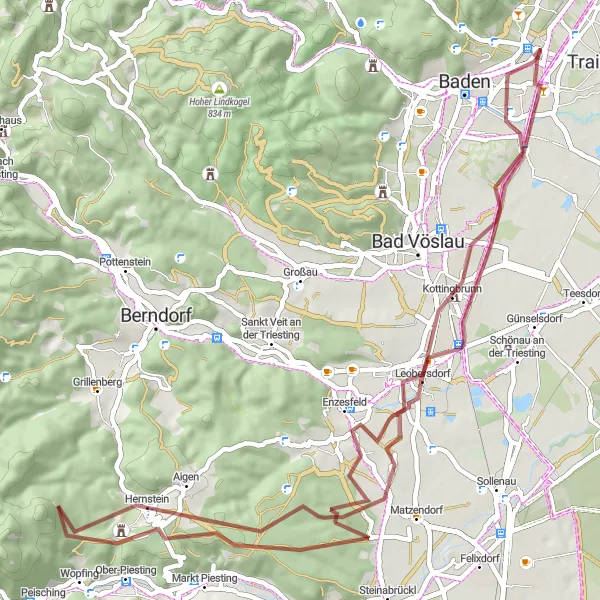 Miniatua del mapa de inspiración ciclista "Ruta de grava de Pfaffstätten a Hölles" en Niederösterreich, Austria. Generado por Tarmacs.app planificador de rutas ciclistas