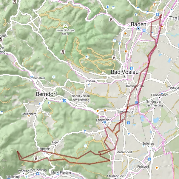 Miniaturní mapa "Gravelová trasa kolem Pfaffstätten" inspirace pro cyklisty v oblasti Niederösterreich, Austria. Vytvořeno pomocí plánovače tras Tarmacs.app