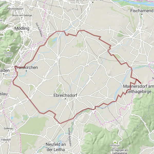 Miniatura della mappa di ispirazione al ciclismo "Giro ciclabile in ghiaia tra i colli circostanti Pfaffstätten" nella regione di Niederösterreich, Austria. Generata da Tarmacs.app, pianificatore di rotte ciclistiche