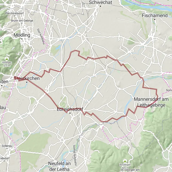 Miniatura della mappa di ispirazione al ciclismo "Giro in bicicletta su ghiaia attraverso i dintorni di Pfaffstätten" nella regione di Niederösterreich, Austria. Generata da Tarmacs.app, pianificatore di rotte ciclistiche