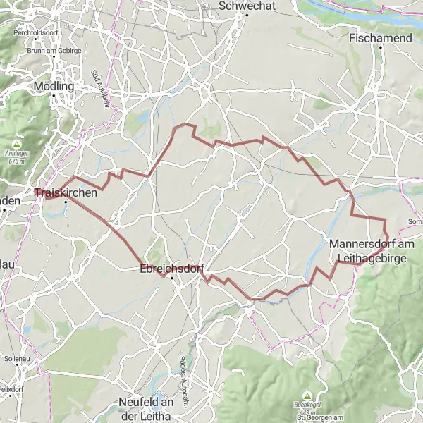 Karttaminiaatyyri "Pfaffstätten - Ebergassing - Traiskirchen gravel ride" pyöräilyinspiraatiosta alueella Niederösterreich, Austria. Luotu Tarmacs.app pyöräilyreittisuunnittelijalla