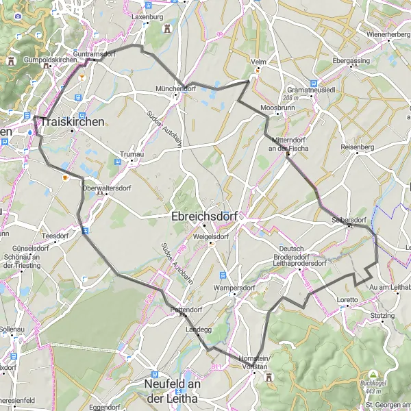 Miniatura della mappa di ispirazione al ciclismo "Pfaffstätten - Guntramsdorf - Schloss Seibersdorf - Pottendorf - Tribuswinkel" nella regione di Niederösterreich, Austria. Generata da Tarmacs.app, pianificatore di rotte ciclistiche