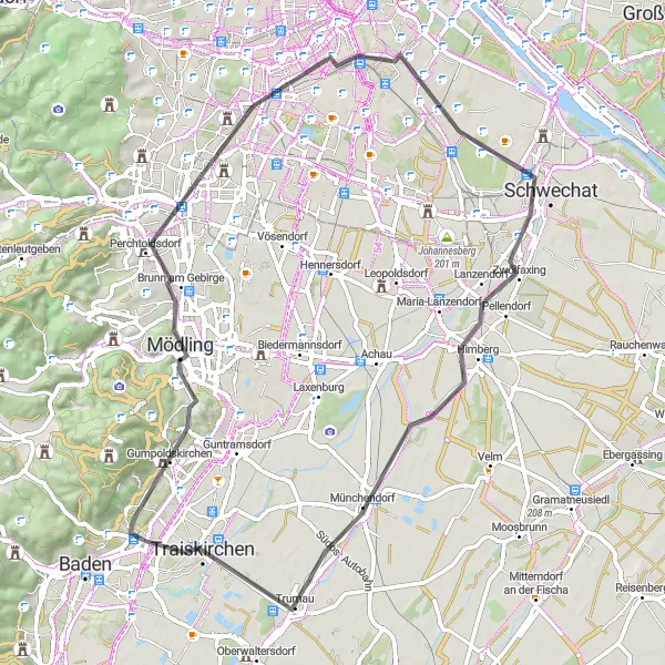 Karttaminiaatyyri "Viinitarhojen ja kukkuloiden kierros Mödlingistä Tribuswinkeliin" pyöräilyinspiraatiosta alueella Niederösterreich, Austria. Luotu Tarmacs.app pyöräilyreittisuunnittelijalla