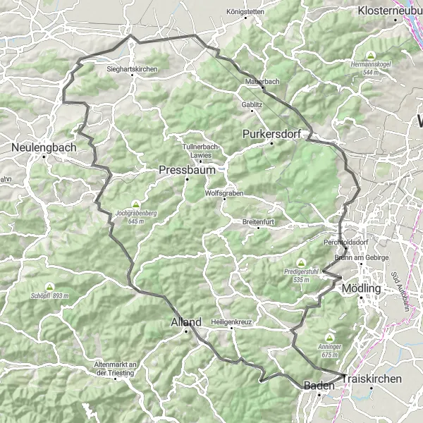 Miniatura della mappa di ispirazione al ciclismo "Tour panoramico in bicicletta tra i colli vicino a Pfaffstätten" nella regione di Niederösterreich, Austria. Generata da Tarmacs.app, pianificatore di rotte ciclistiche