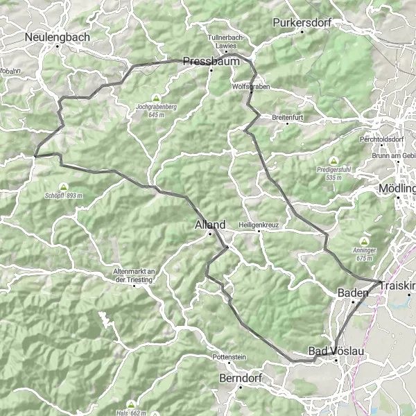 Kartminiatyr av "Historisk landeveistur til Pfaffstätten" sykkelinspirasjon i Niederösterreich, Austria. Generert av Tarmacs.app sykkelrutoplanlegger