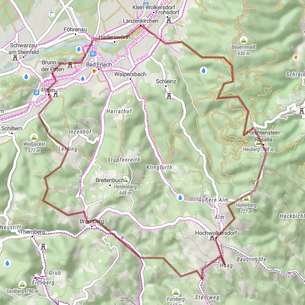 Mapa miniatúra "Stredne náročná trasa okolo Pitten s výstupom 862 m" cyklistická inšpirácia v Niederösterreich, Austria. Vygenerované cyklistickým plánovačom trás Tarmacs.app