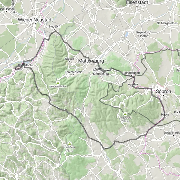 Zemljevid v pomanjšavi "Razgibana kolesarska pot s startom v okolici Pittena" kolesarske inspiracije v Niederösterreich, Austria. Generirano z načrtovalcem kolesarskih poti Tarmacs.app